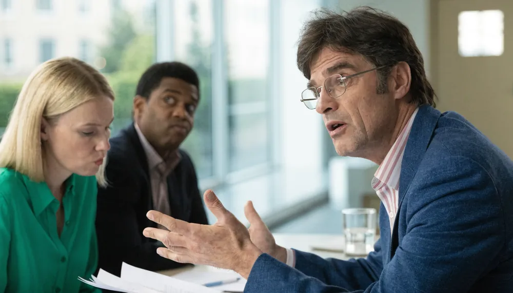Profissional tentando explicar algo em reunião enquanto colegas ficam confusos