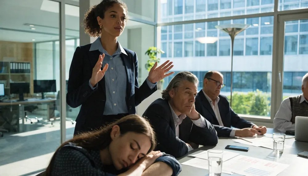 Mulher tentando explicar em uma reunião enquanto todos demonstram tédio