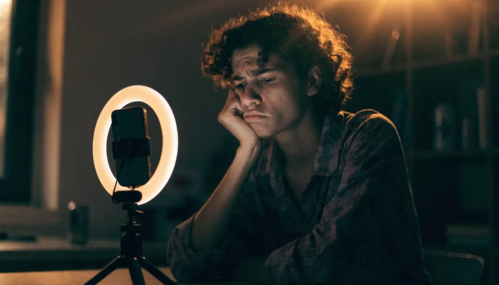 Pessoa gravando vídeo no celular em casa, frustrada, repetindo a mesma gravação