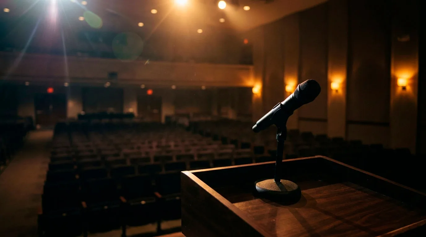 Microfone e palco vazio — curso de oratória e comunicação