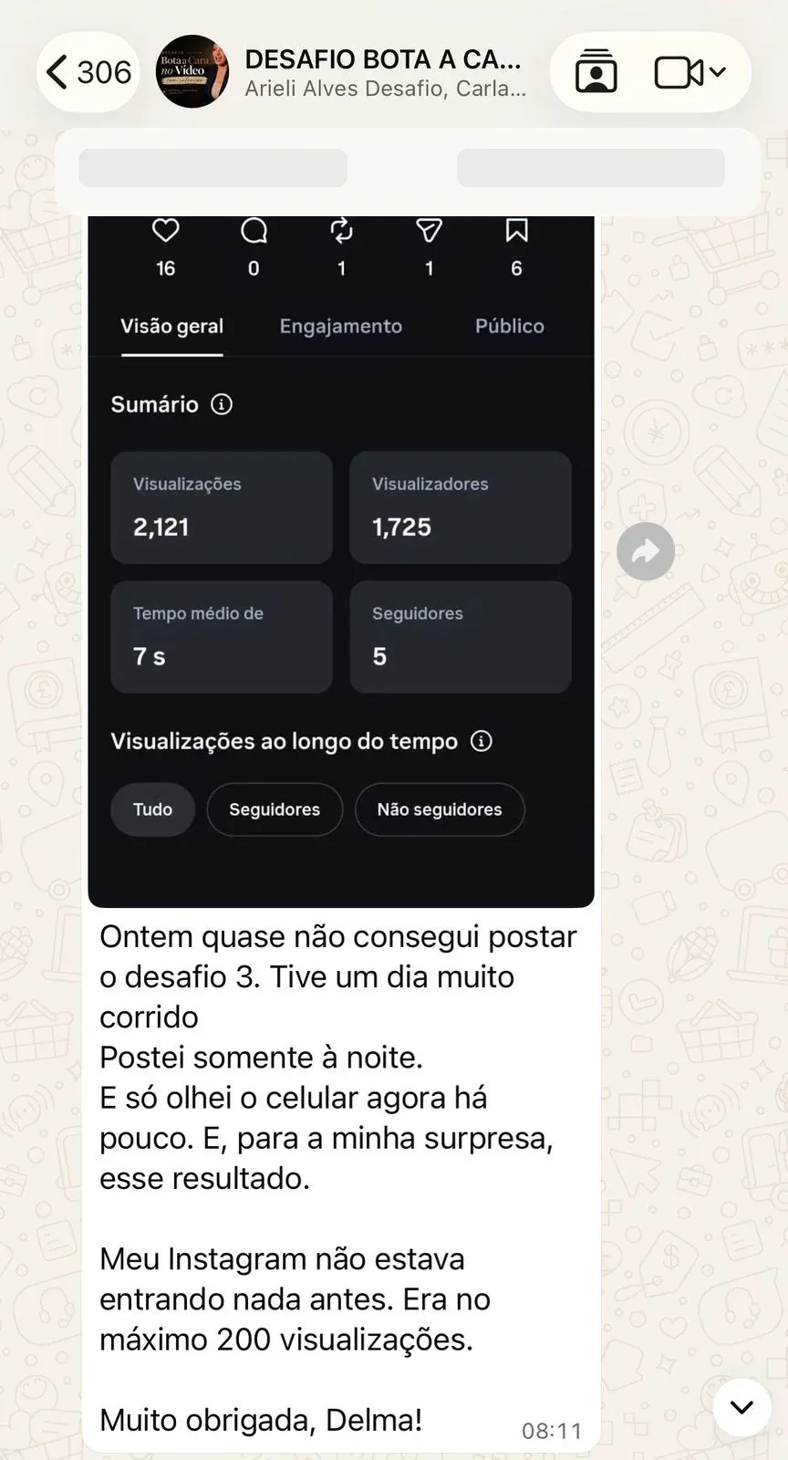 Depoimento com dados pessoais ocultos mostrando 2.121 visualizações