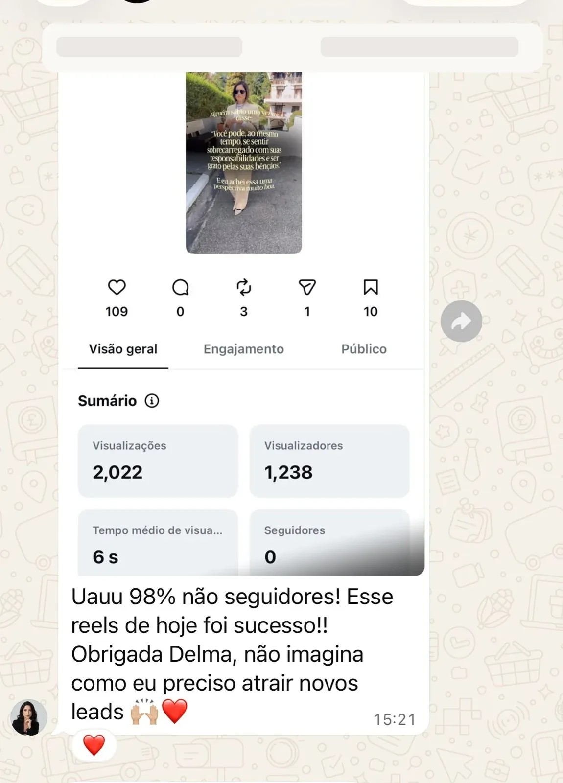 Depoimento com dados pessoais ocultos mostrando 98% de não seguidores